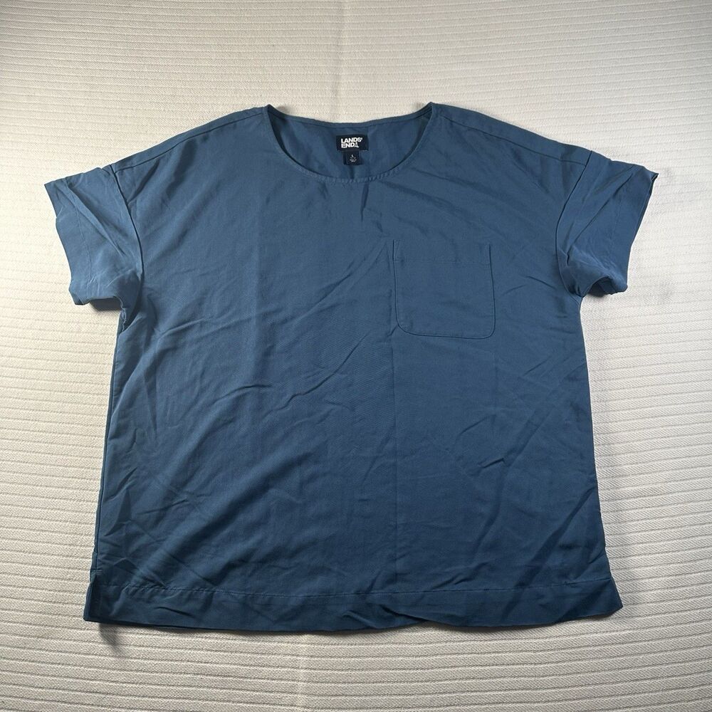 Lands’ End Women’s Large Blue Pocket Tee Short Sleeve Casual Minimalist Top
